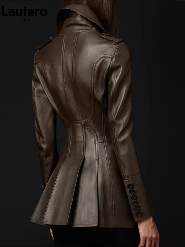 Autumn Fitted Coffee Skirted Pu Leather Blazer Jacket Women Long Sleeve Double Breasted European Fashion