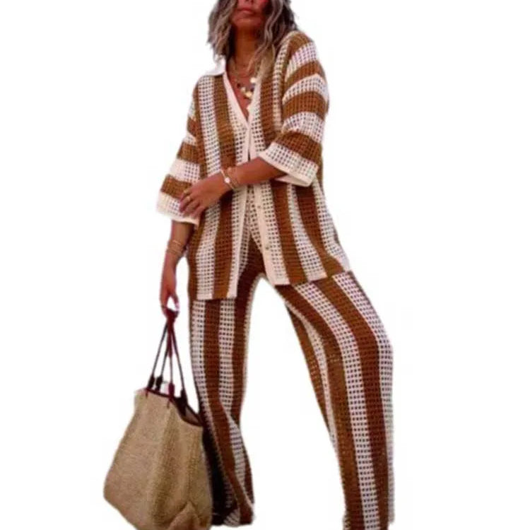 Summer Outfits for Women Vacation Hollow Out Sweater Shirt and Trouser Lady Casual Sexy Plus Size Sets 2 Piece Pants Sets Wide Brown