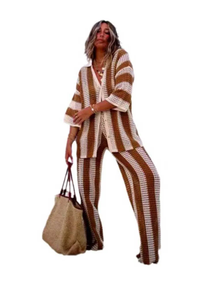 Summer Outfits for Women Vacation Hollow Out Sweater Shirt and Trouser Lady Casual Sexy Plus Size Sets 2 Piece Pants Sets Wide Brown