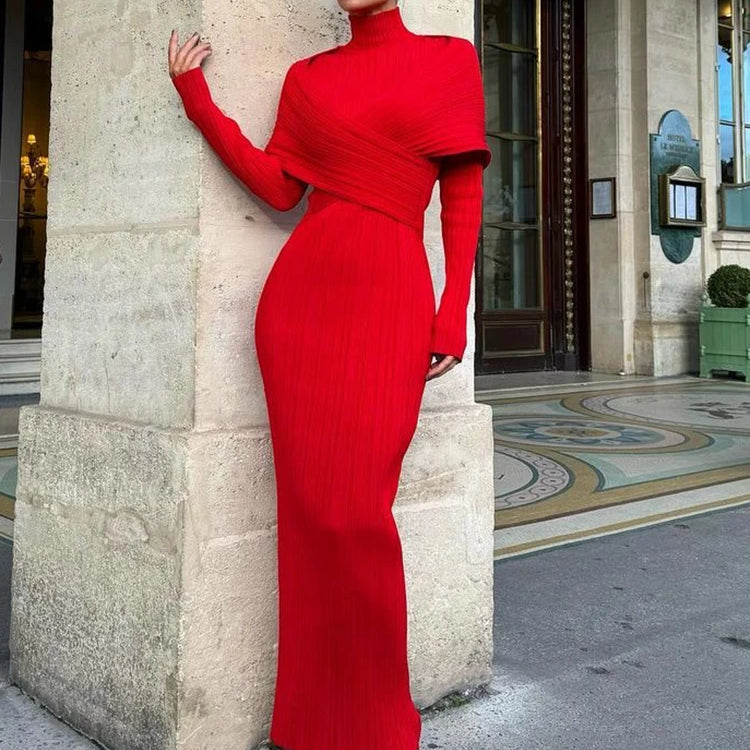 Red Jacquard Bandage Long Dress Turtle Neck Cross Design knitted Slim Fit Shawl Style Long Sleeves Pleated Evening Gown