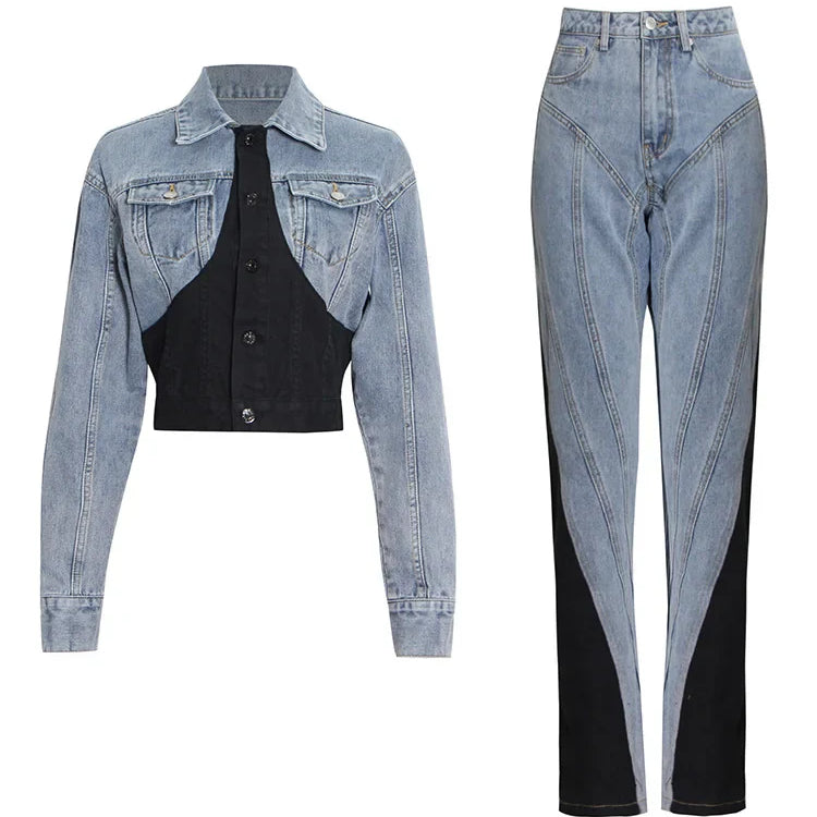 Hit Color Patchwork Denim Two Piece Sets Women Long Sleeve Coat Jacket Female High Waist Pencil Pants Jeans 2022 Blue