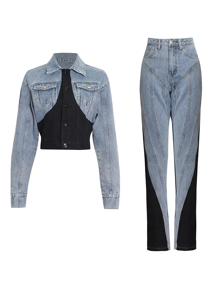 Hit Color Patchwork Denim Two Piece Sets Women Long Sleeve Coat Jacket Female High Waist Pencil Pants Jeans 2022 Blue