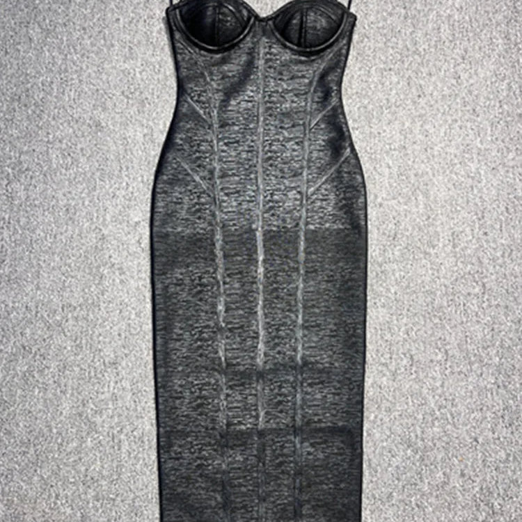 Women Celebrity Sexy Strapless Backless Bronzing Black Midi Summer Bandage Bodycon Dress 2025 Elegant Evening Club Party Outfit