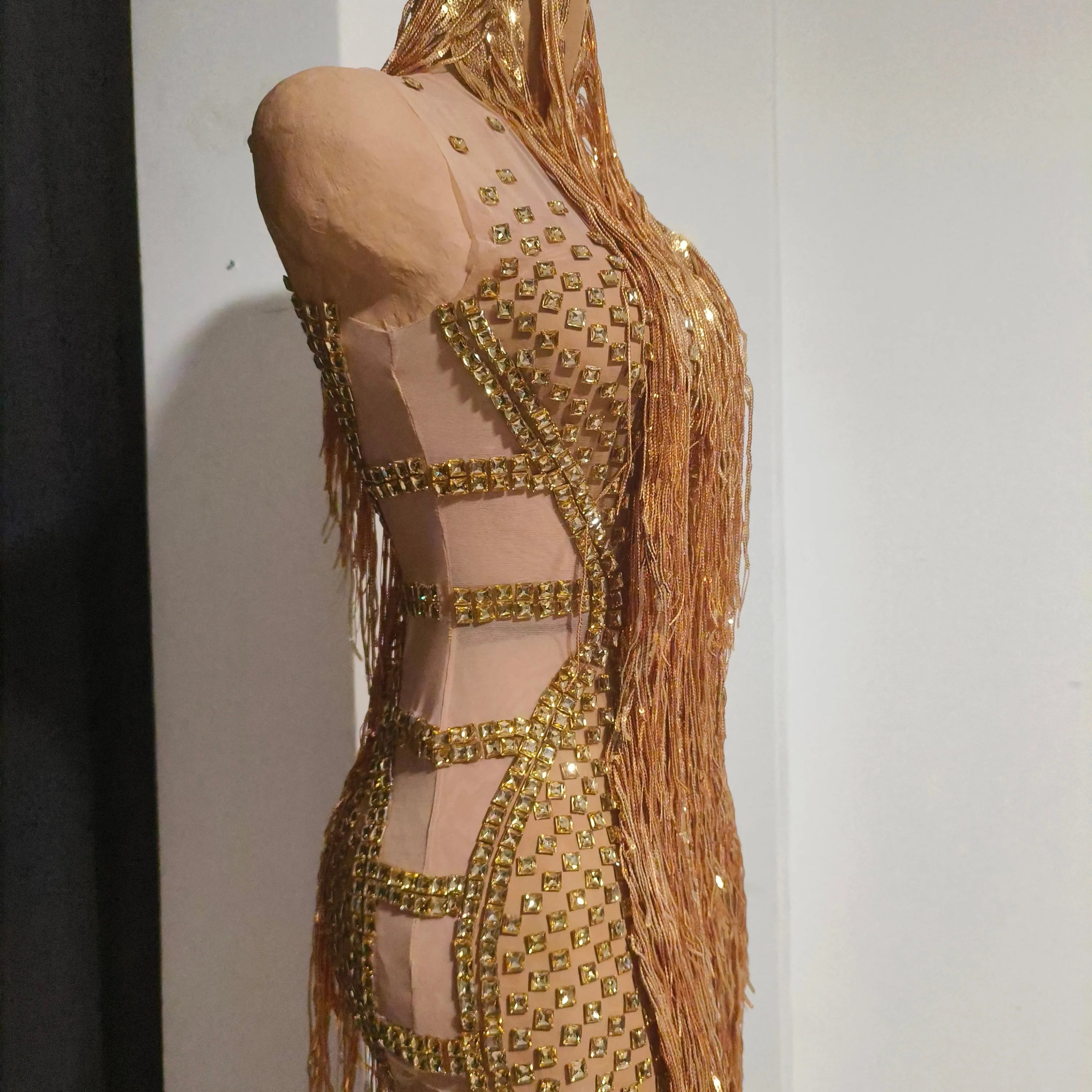 Opulent Gold Halter Neck Mini Dress Women Sexy Crystal Embellished Fringe Trim Form-Fitting Outfit Formal Event Party Costume