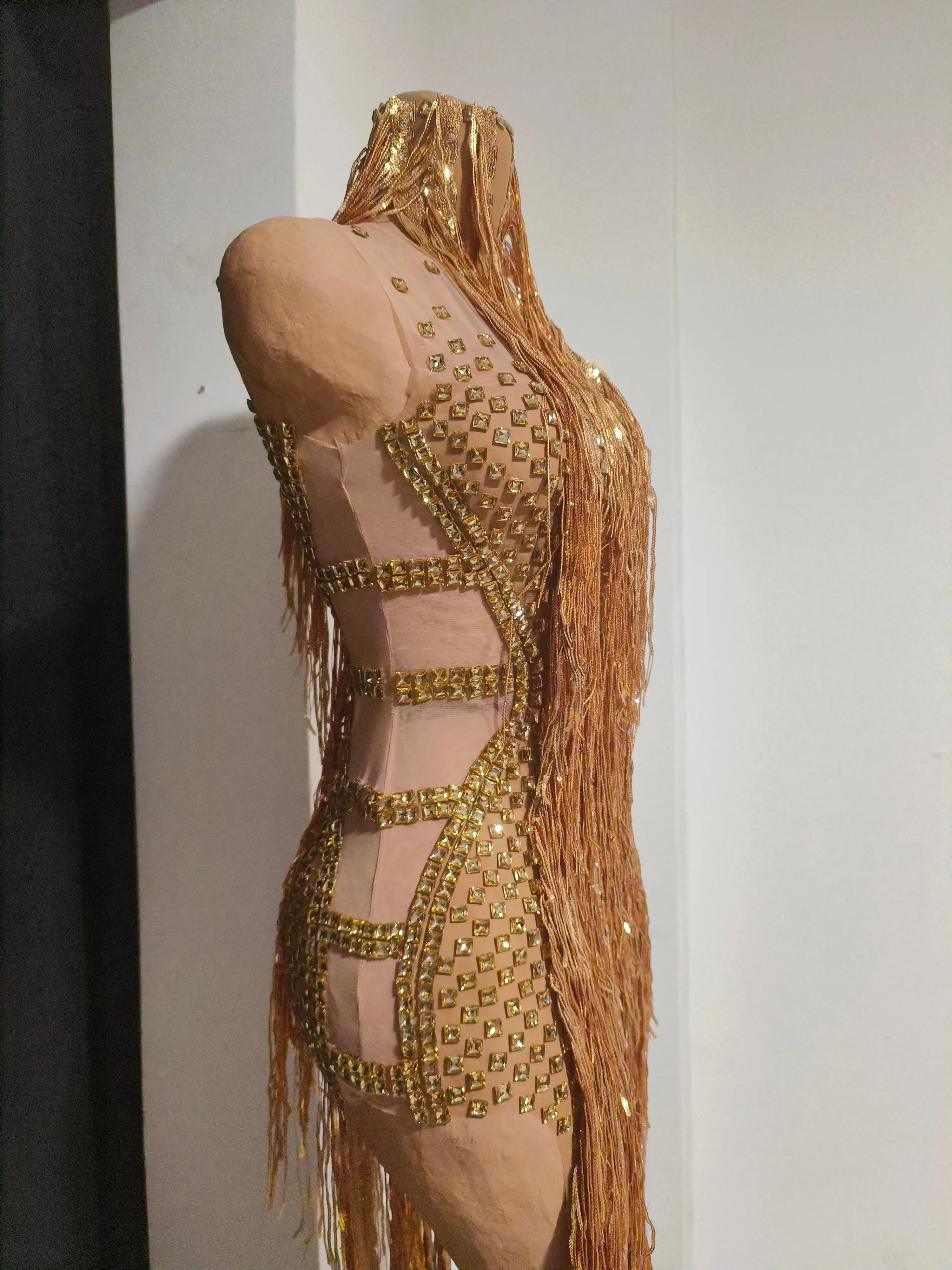 Opulent Gold Halter Neck Mini Dress Women Sexy Crystal Embellished Fringe Trim Form-Fitting Outfit Formal Event Party Costume