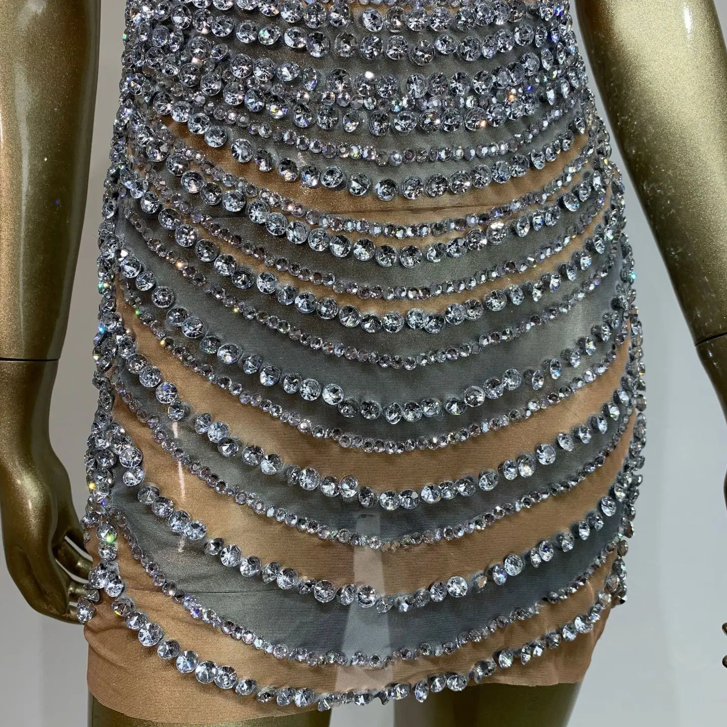 Celebrity Women Sexy U Neck Crystal Diamonds Mesh Mini Dress Birthday Party Costume Bar Nightclub Stage Performance Outfit