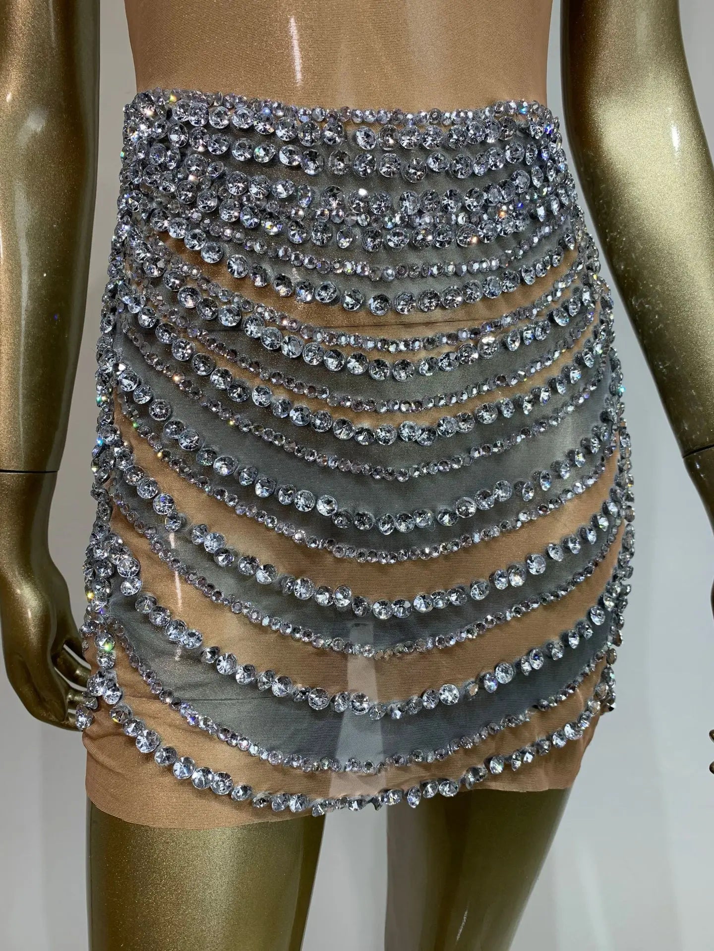 Celebrity Women Sexy U Neck Crystal Diamonds Mesh Mini Dress Birthday Party Costume Bar Nightclub Stage Performance Outfit