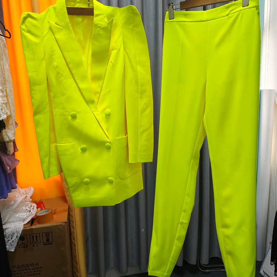 Solid Two Piece Set for Women Lapel Long Sleeves Patchwork Pockets Loose Blazer High Waist Pant Sets Female Clothes