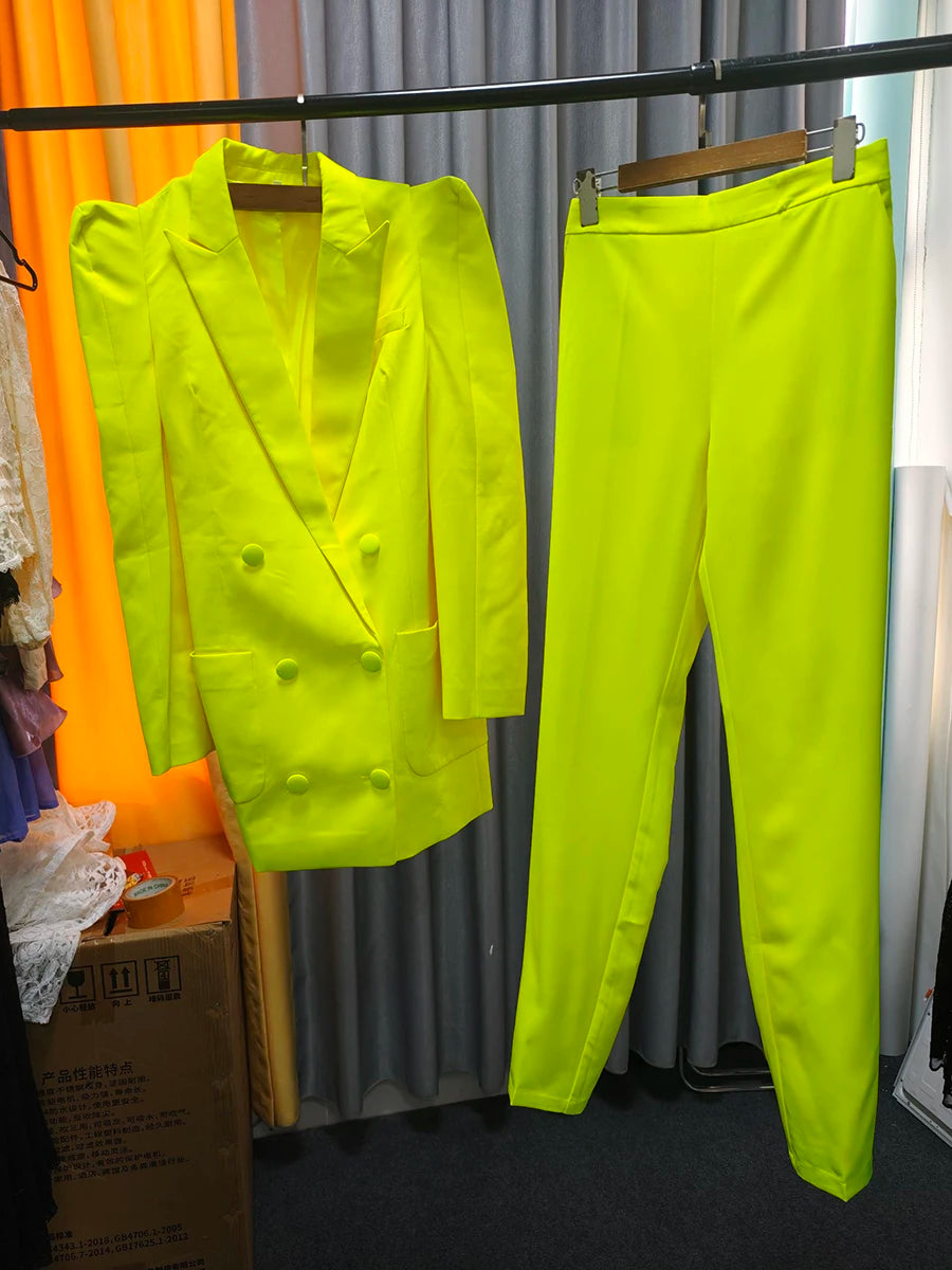 Solid Two Piece Set for Women Lapel Long Sleeves Patchwork Pockets Loose Blazer High Waist Pant Sets Female Clothes