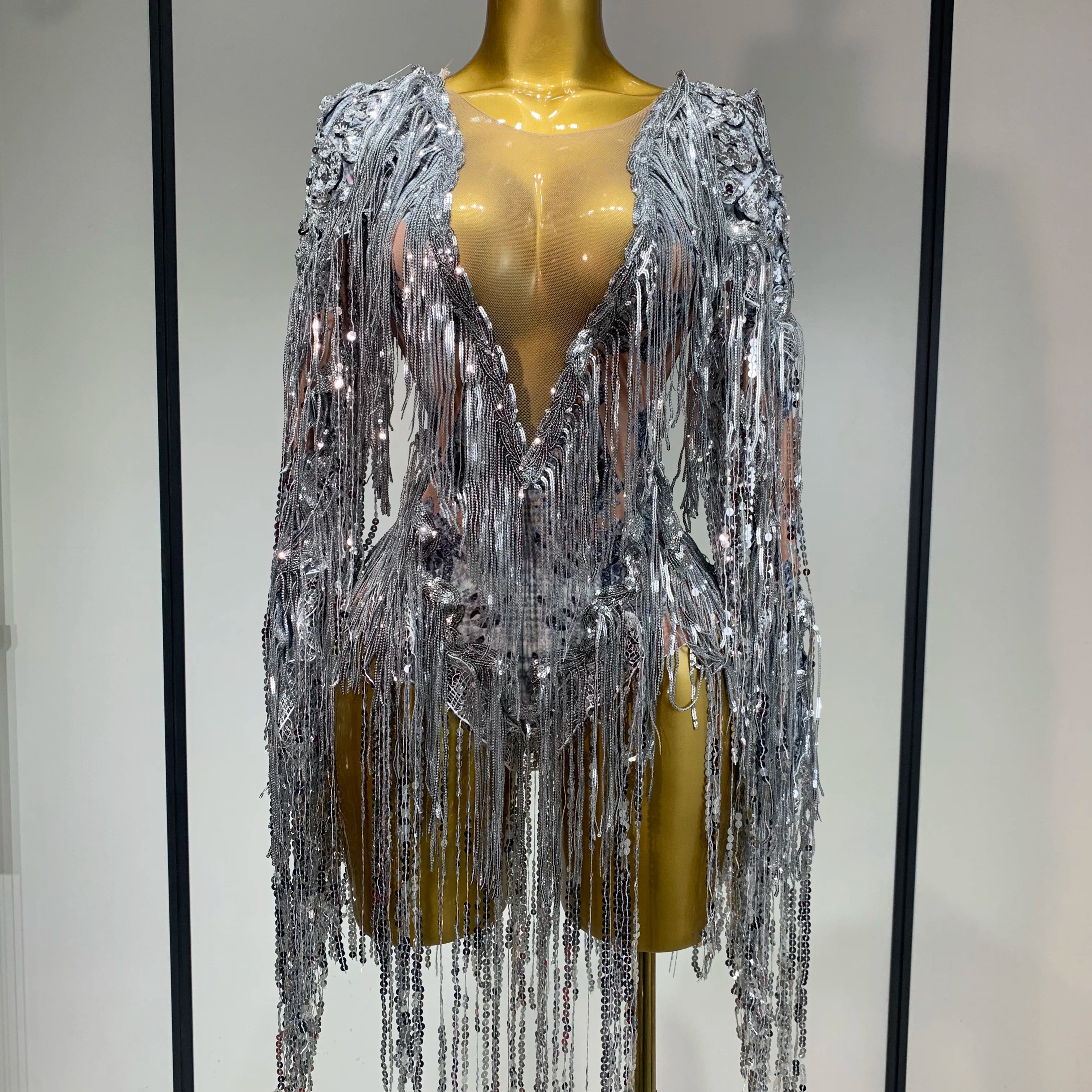 Sparkly Sequin Tassels Long Sleeve Silver Bodysuit Bar Women Singer Show Costume Celebrate Outfit Evening Dance Stage Outfit Silver