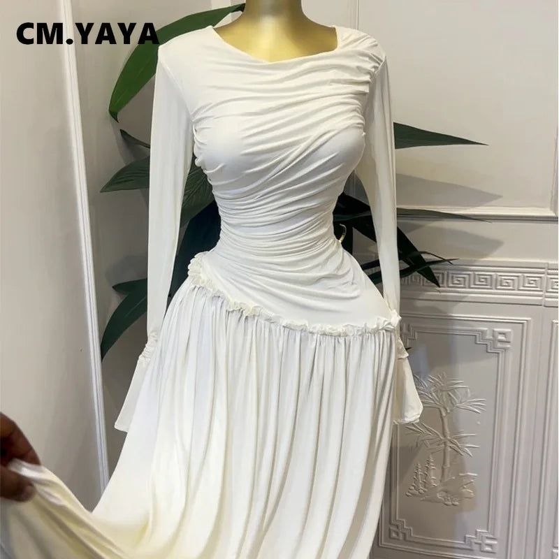 CM.YAYA Women Full Sleeve O-neck Elegant Long Dress Edible Tree Fungus Sweet Holiday Beach Evening Sexy Party Dresses Vestidos