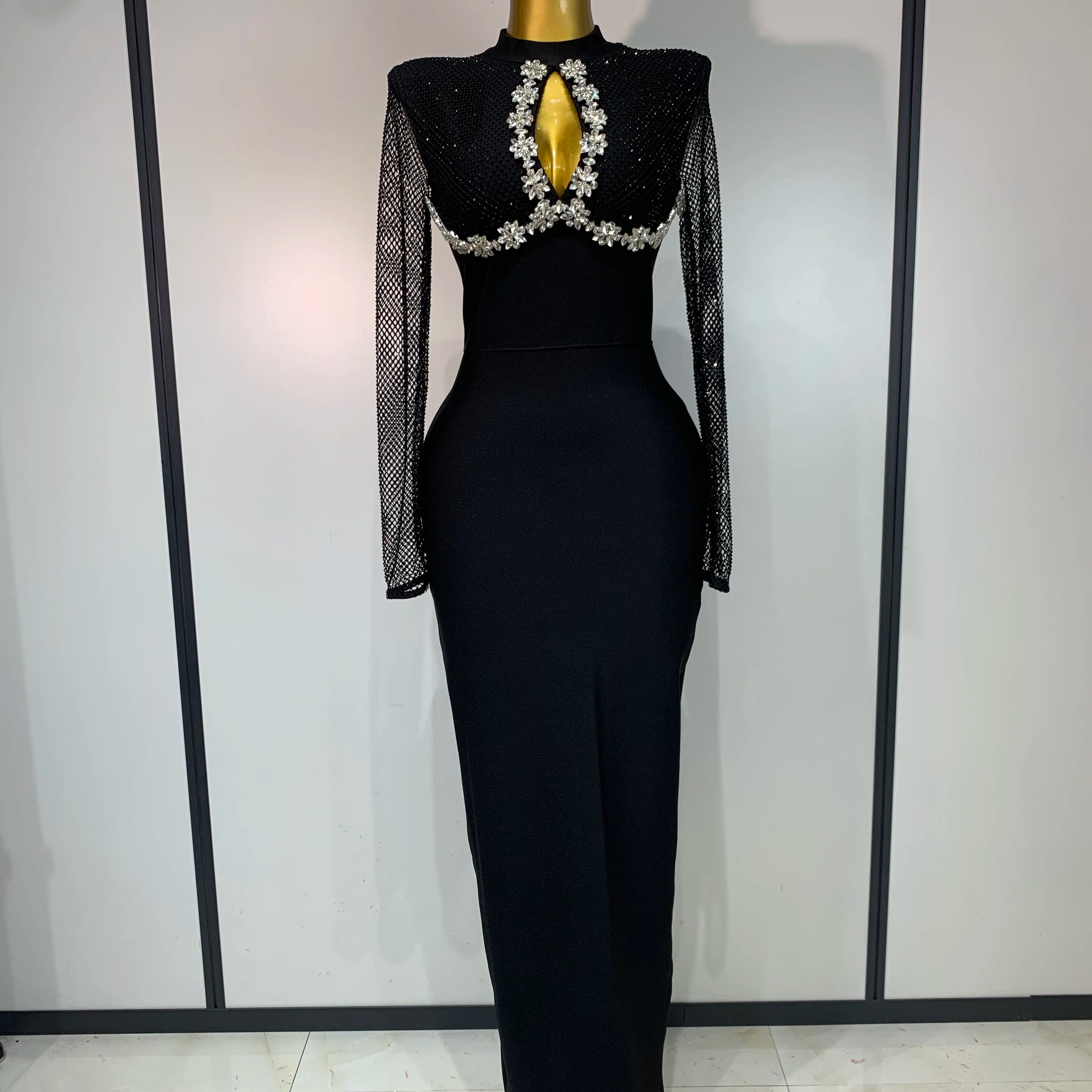 Women Sexy Long Sleeve Beading Black Maxi Long Bandage Dresses Birthday Party Celebrity Elegant Knitted Bodycon Club Dress black
