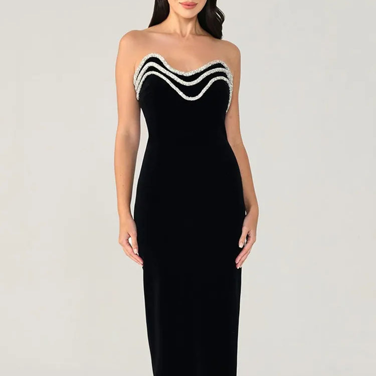 Women Sexy Off the Shoulder Diamond Line Bodycon Mid-calf Bandage Dress Fashion Evening Party Nightclub Celebrate Dress