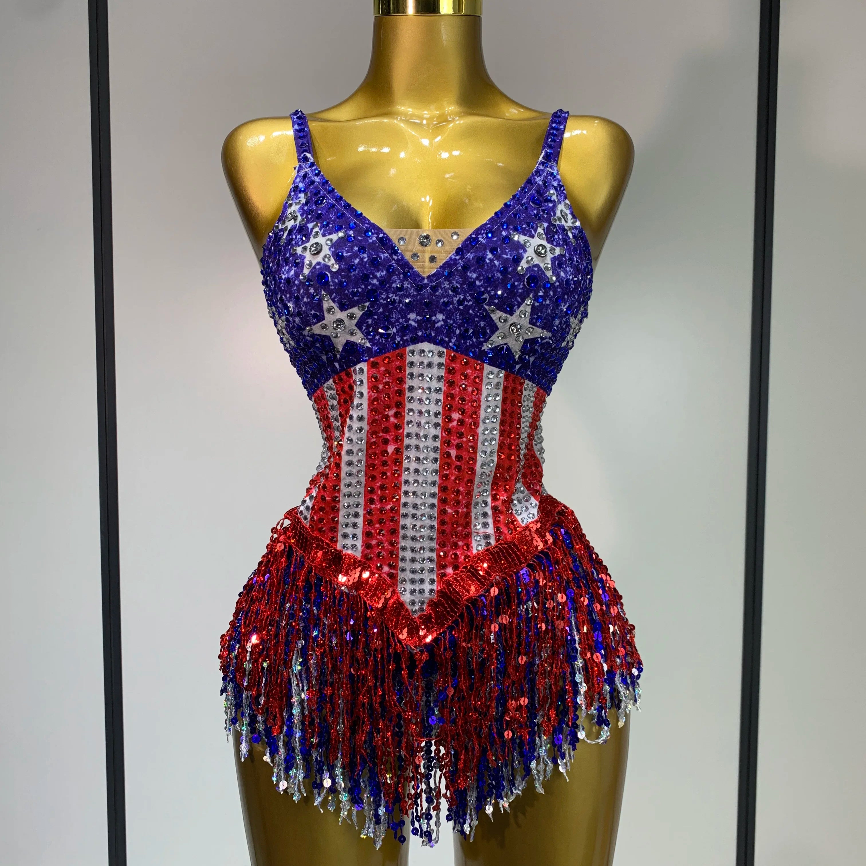 Shiny Rhinestones Tassel Bodysuit Performance Dance Singer Costume Evening Party Nightclub Stage Leotard Cheerleading Outfit Blue