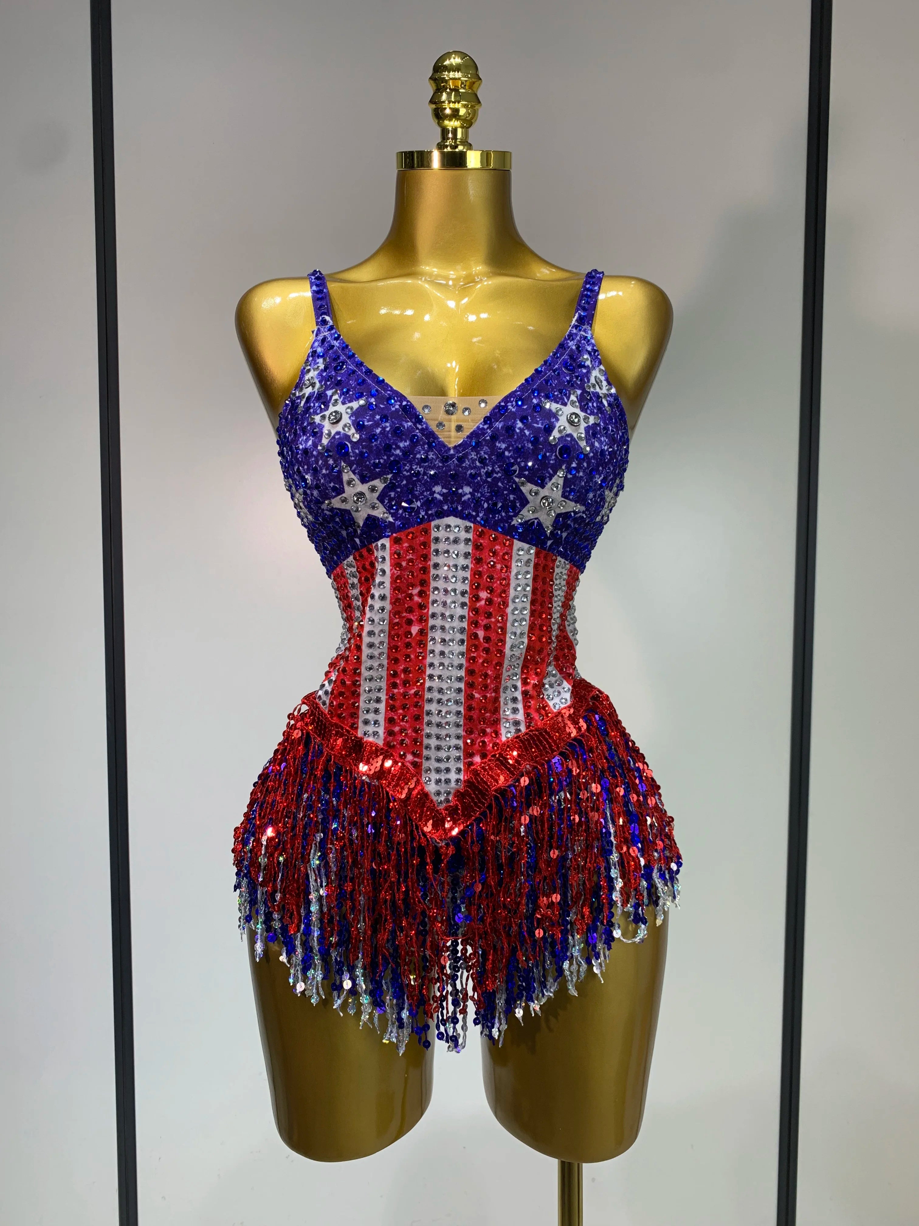 Shiny Rhinestones Tassel Bodysuit Performance Dance Singer Costume Evening Party Nightclub Stage Leotard Cheerleading Outfit Blue