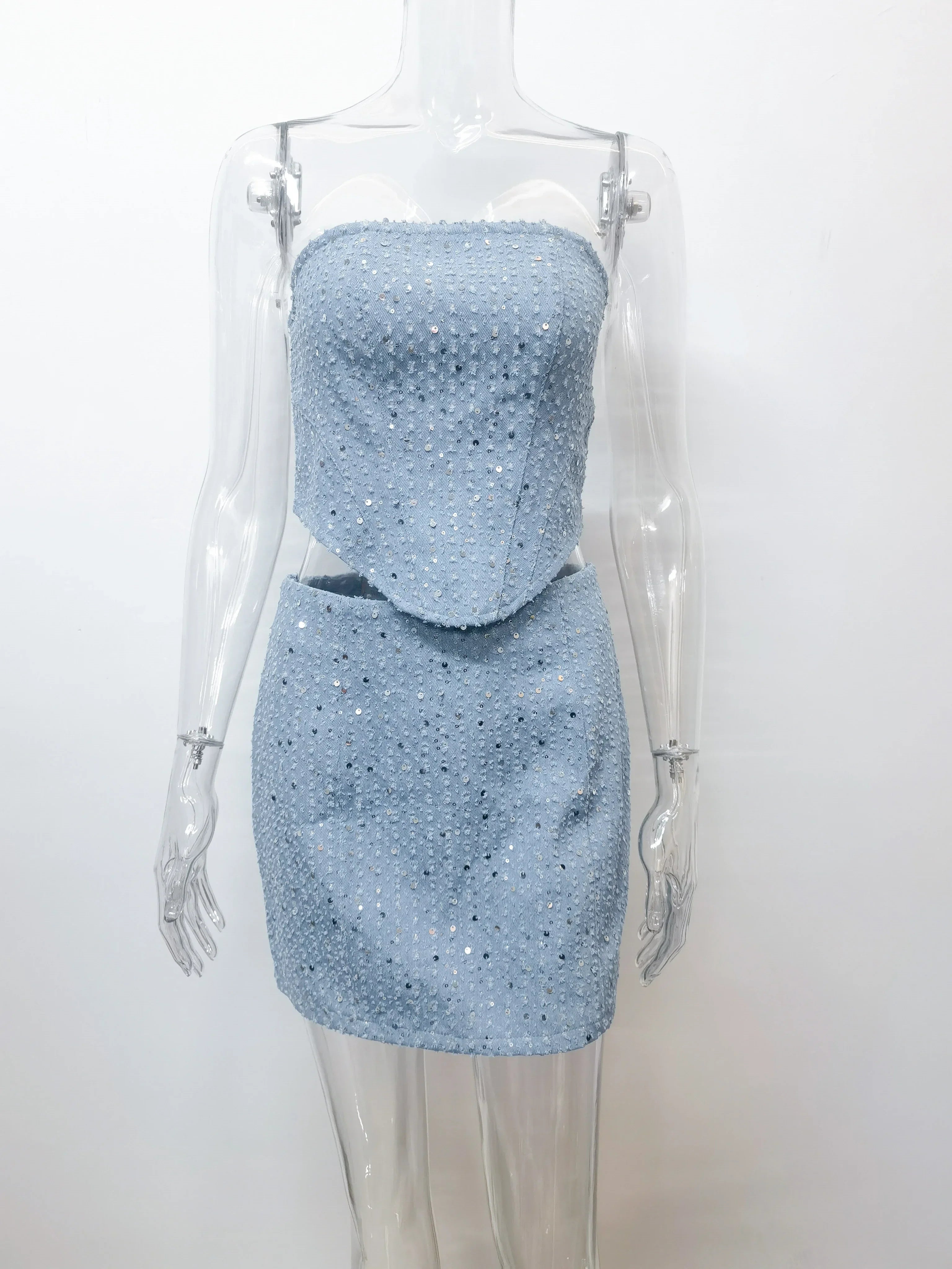 Feilandy Sexy Sequins Strapless Tanks Loose Pants Sets Women's Fashion 2 Piece Skirts Sets Female Luxury Party Club Chic Outfits blue skirts sets