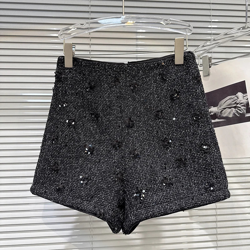 Winter New Fashion Sequin Flower Embroidery Tweed Short Pants For Women High Waist Wide-leg Shorts Female 11A07658 Black