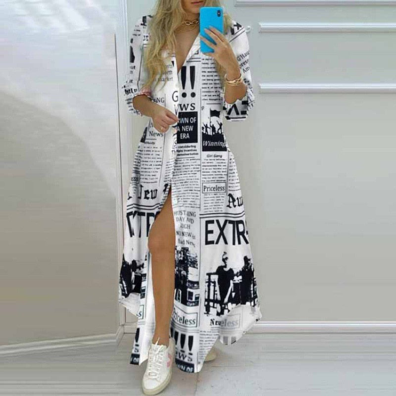 Women Printed Shirt Dress Casual Turn-down Collar Long Sleeve Irregular Maxi Dresses Laides Single Breasted Loose Long dress Color 2