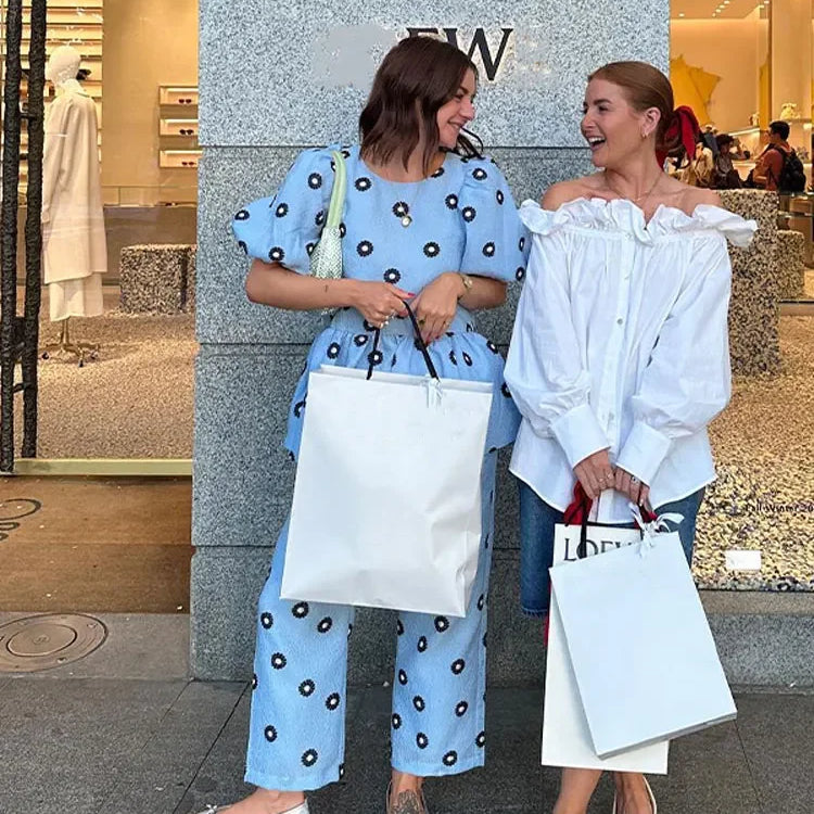 Women Print Ruffles Shirts 2 Pcs Sets Fashion Short Puff Sleeve Round Neck Tops High Waist Pant Suits New Lady Commuting Outfit