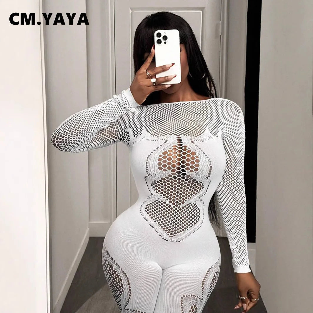 2025 O-neck Full Sleeve Women Mesh Hollow Out Jumpsuits Casual Night Club Sexystreet Sexy Perspective Outfits Rompers