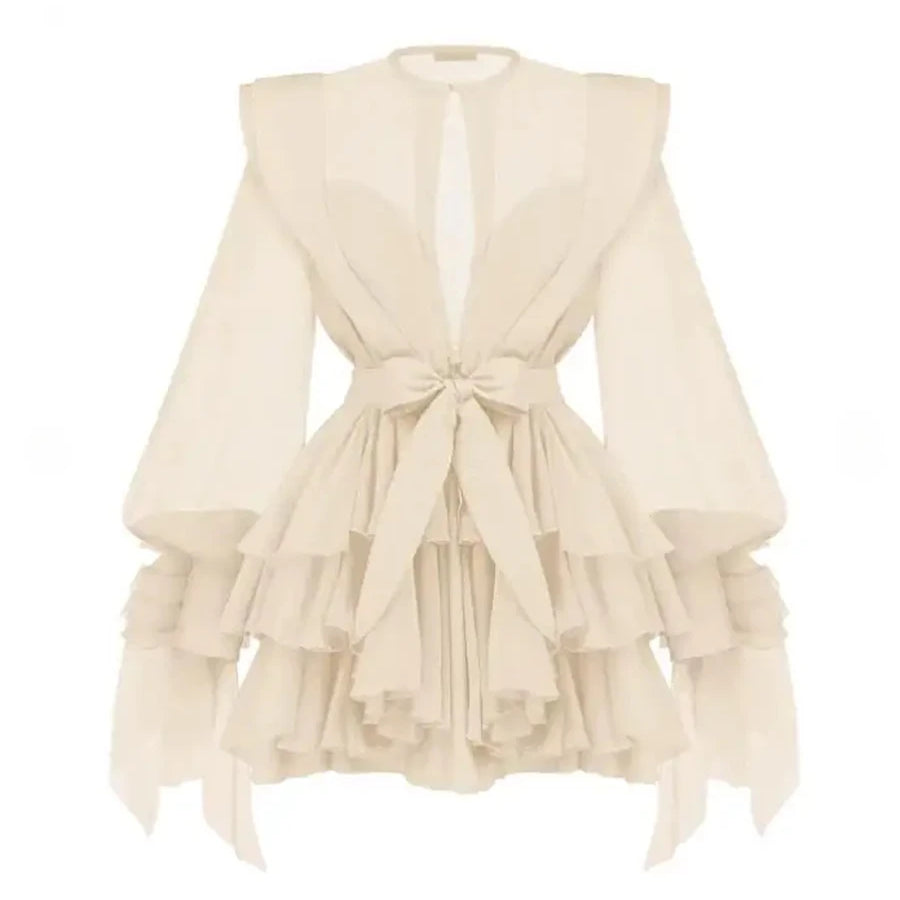 Slimming Spliced Ruffles Folds Dresses for Women Round Neck Long Sleeves Patchwork Button Dress Female Fashion New