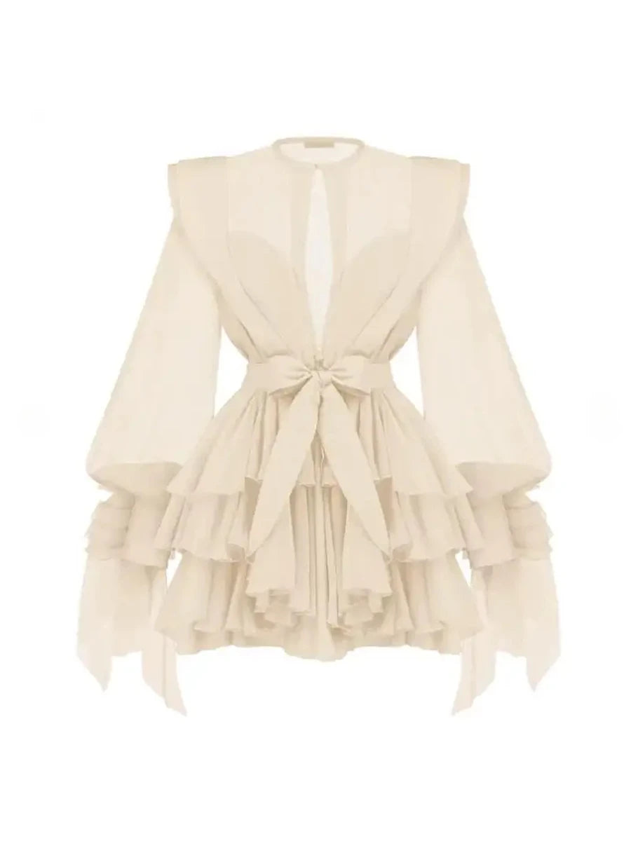 Slimming Spliced Ruffles Folds Dresses for Women Round Neck Long Sleeves Patchwork Button Dress Female Fashion New