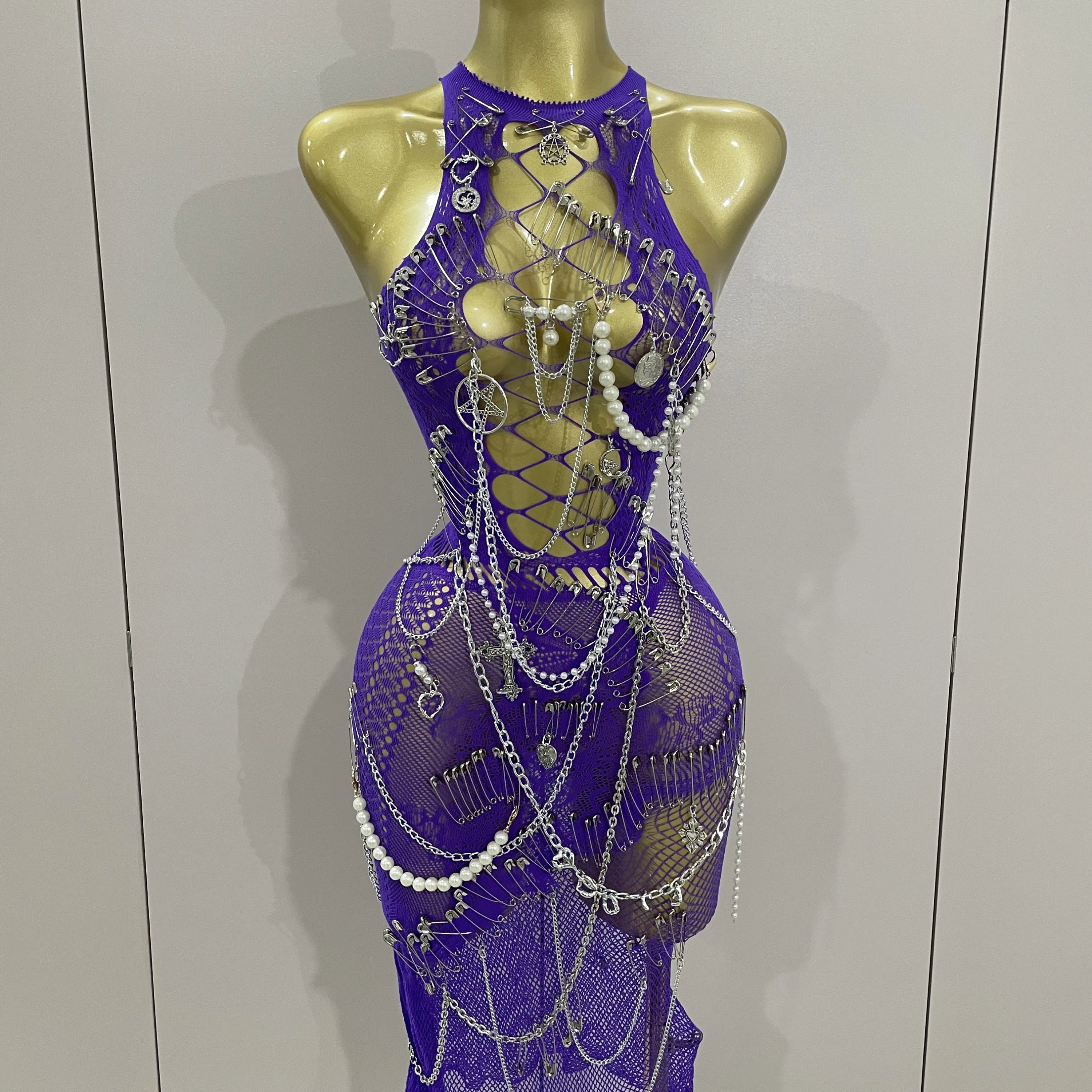 Sexy Black See-Through Pin Decoration Chain Beading Short Dress 2025 Women Birthday Evening Party Nightclub Performance Costume PURPLE