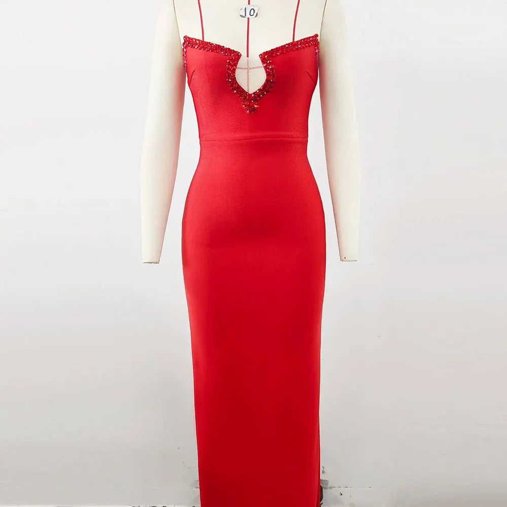 2025 Sexy Women'S Light Luxury Bead Design Red Bandage Dress Strapless Sleeveless Bodycon Backless Long Dresses Party Vestidos Red