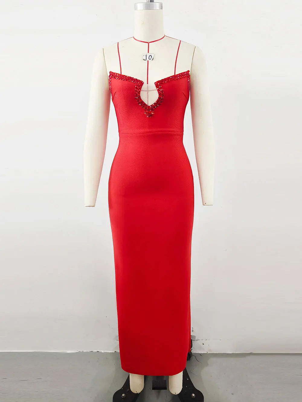 2025 Sexy Women'S Light Luxury Bead Design Red Bandage Dress Strapless Sleeveless Bodycon Backless Long Dresses Party Vestidos Red