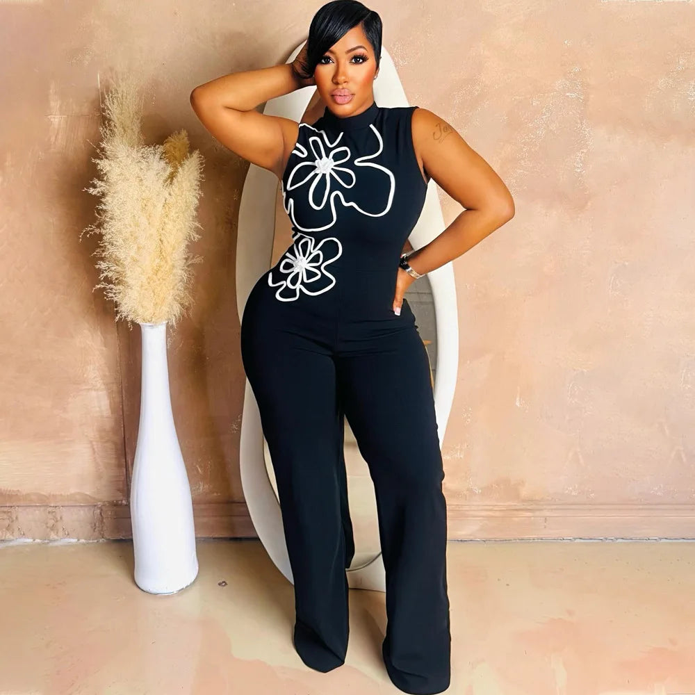 Fashion Women Sunflower Sleeveless Tank Jumpsuits 2025 Summer Street Birthday Sexy Party Outfits One Piece Suit Rompers Black