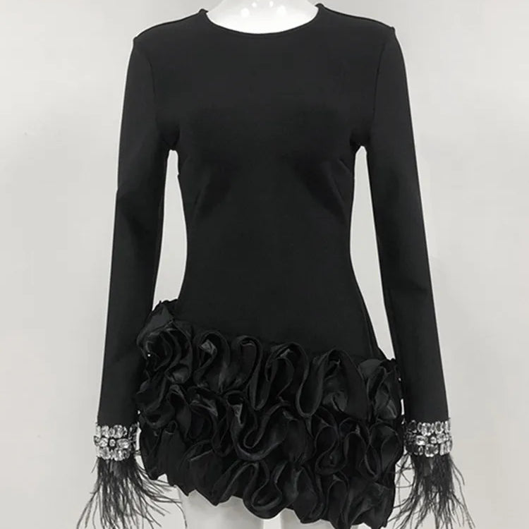 Women Celebrity Sexy Long Sleeve Diamonds Feather Beading Black Mini Bandage Dress 2025 Elegant Evening Club Party Outfit