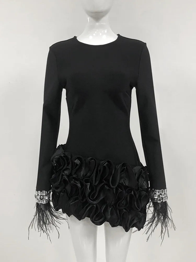 Women Celebrity Sexy Long Sleeve Diamonds Feather Beading Black Mini Bandage Dress 2025 Elegant Evening Club Party Outfit