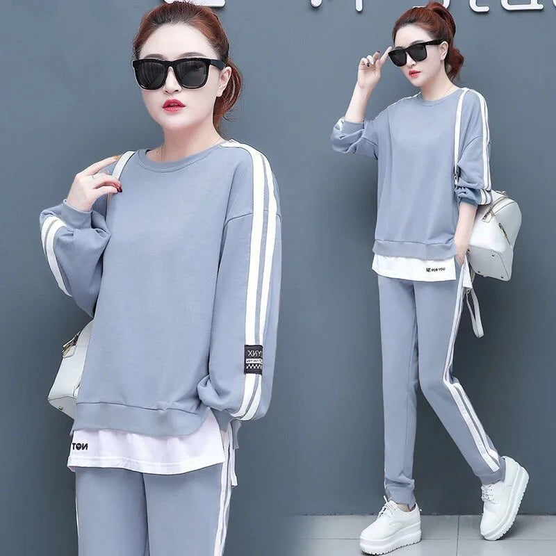 Women's Large Sweat Suit 2025 Spring Autumn New Plus Size Clothing Elegant Fashion Tops T-shirt Pants 2 Two Piece Sets For Women SKY BLUE