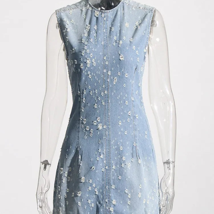 Denim Hollow Out Dresses For Women Round Neck Sleeveless Tunic Patchwork Pockets Vintage Dress Female Fashion Style