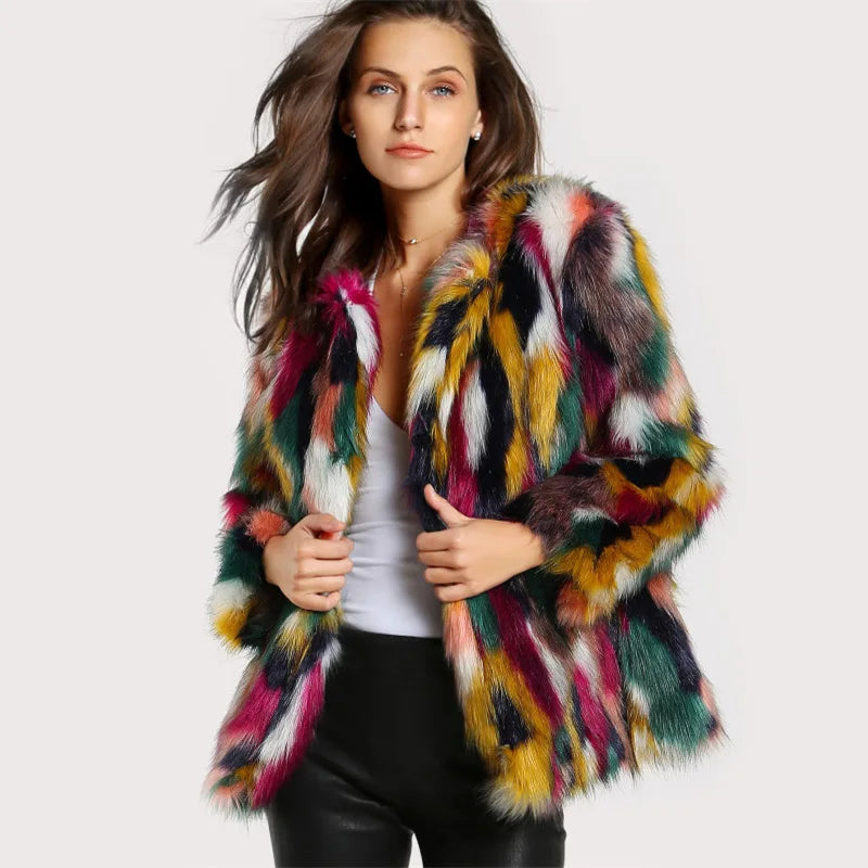 Colorful Fur Jacket Fake Fur Long Sleeve Collarless Casual Women's Winter Coat OL Commute Style Artificial Fur Outerwear Picture color