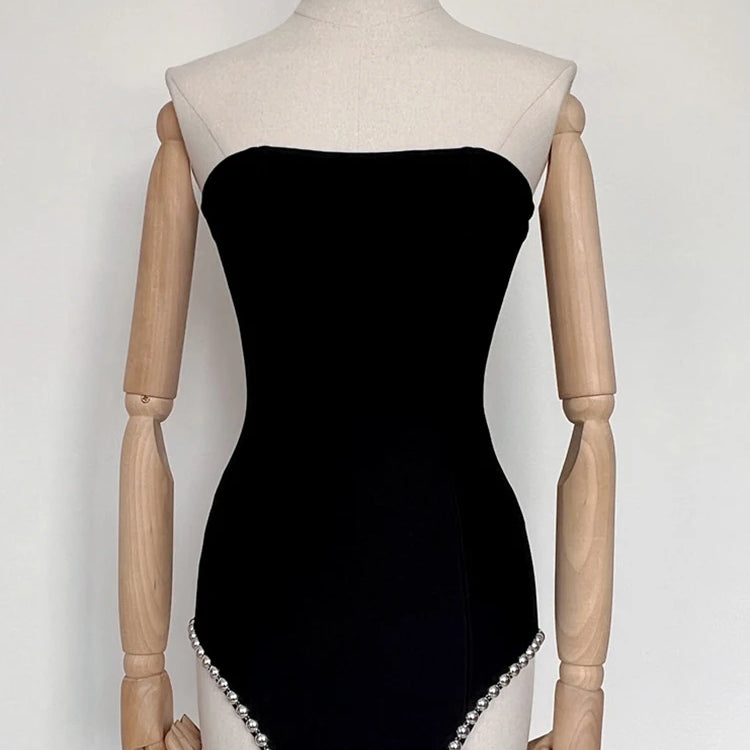 Sexy Strapless Balck Mini Dress Women Chic Rivet Design Bodycon Bandage Night Club Party Dress