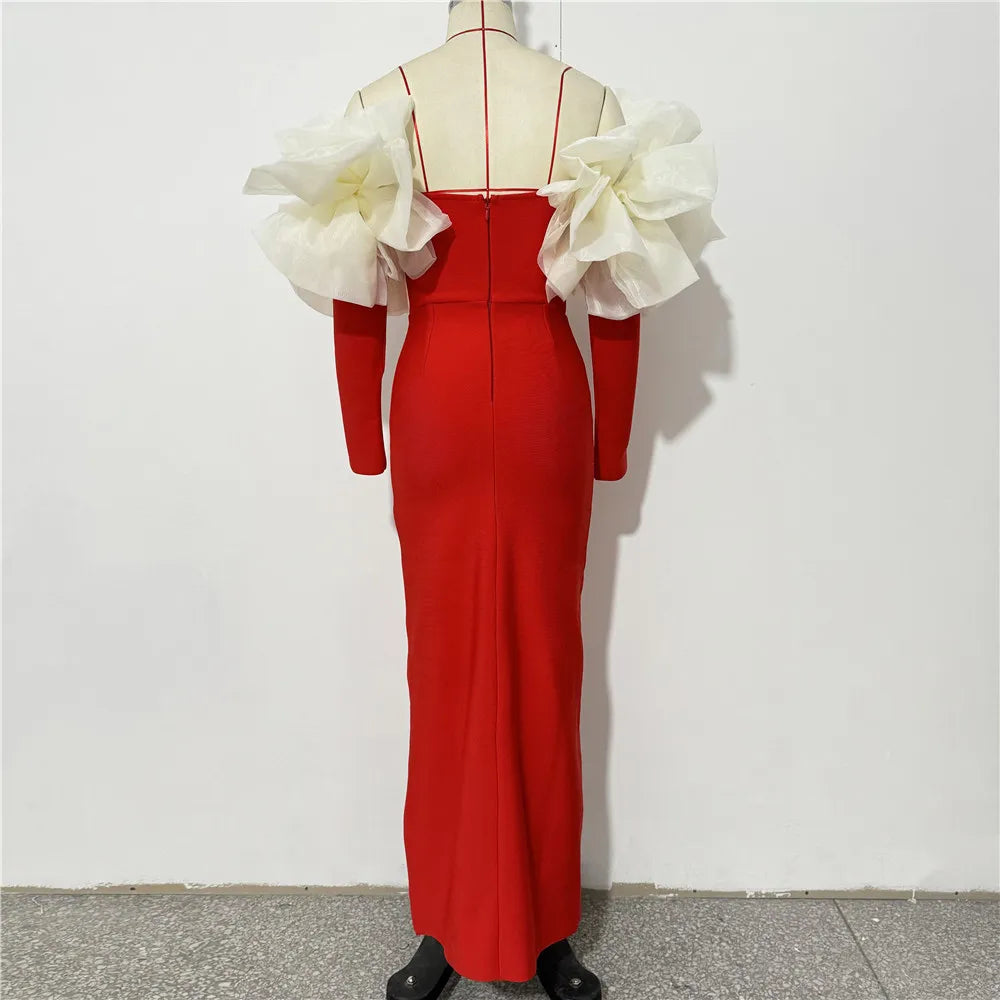 Black Red Color Women Sexy Off the Shoulder Long Sleeve Florals Bodycon Long Bandage Dress Celebrate Evening Party Outfit