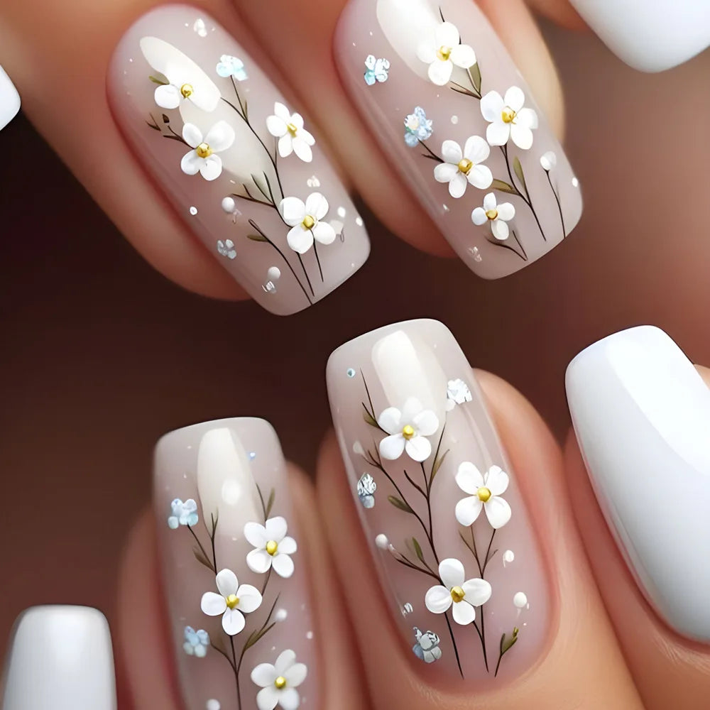 Short middle square ballet fake nails sparkling plant flowers maple leaves gradient Peacock feathers press on false nails set 1659