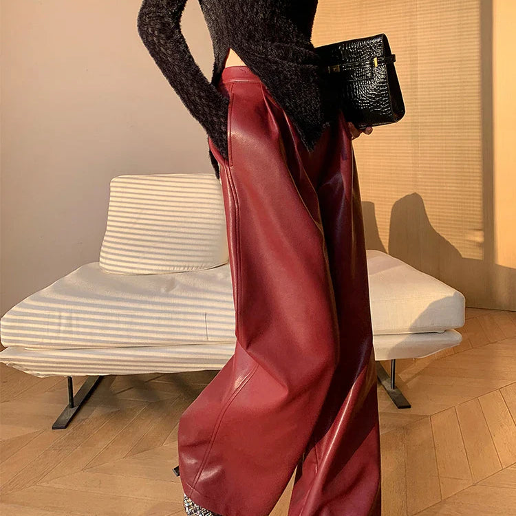 Spring Autumn Loose Casual Soft Black Burgundy Pu Leather Wide Leg Pants for Women High Waist Korean Style Fashion 2023