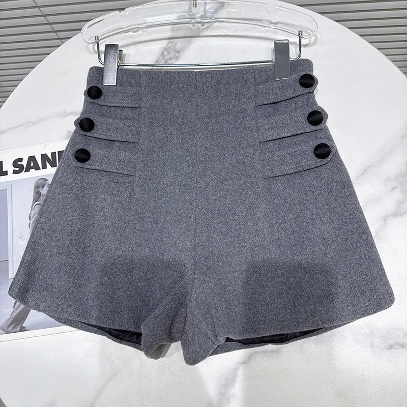 Winter New Fashion Ribbed Button Gray Woolen High Waist Shorts For Women Versatile Boot Short Pants Female 11A07667