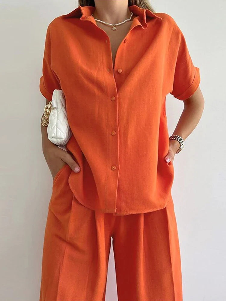 Women's Summer Suit with Pants Summer Loose Wide Leg Trousers Elegant Two Piece Suit Set for Women Buttons T-shirts Outifit