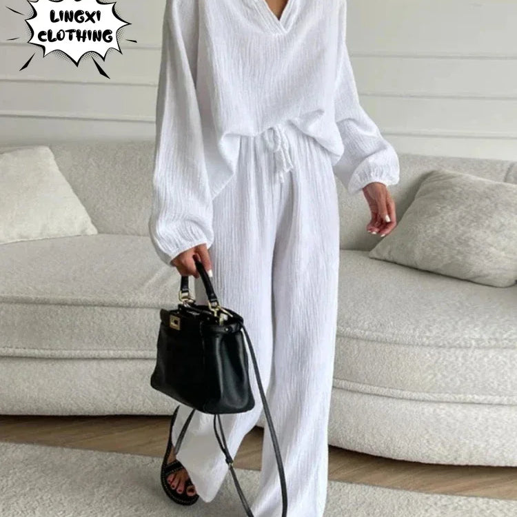 2024 Summer Fashion New Plus Size Women's Wear Set with Polo Collar Cotton Hemp Pants Elegant Solid Color Two Piece Set