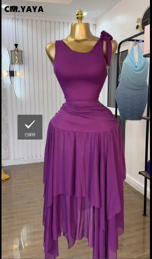 Women Tie Up Shoulder Sleeveless Knit Tank Top and Irregular Maxi Long Skirt Suit 2025 Summer Two 2 Piece Set Outfits