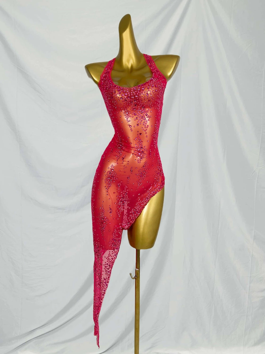 Nightclub Mini Dress Singer Stage Performance Wear Bar Party Asymmetrical Dress Sparkly Rhinestones Sleeveless Mesh Dress Xinghe Rose Red One Size