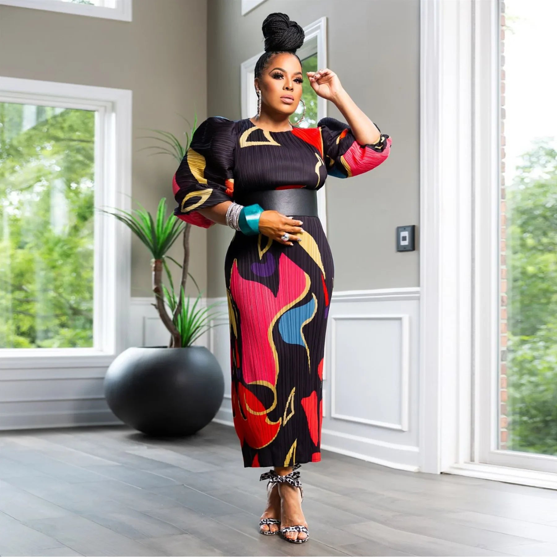 Elegant Women Pleated Half Lantern Sleeve O-neck Slim Maxi Long Dress Print Fashion Autumn 2024 Ruched Dresses Vestidos