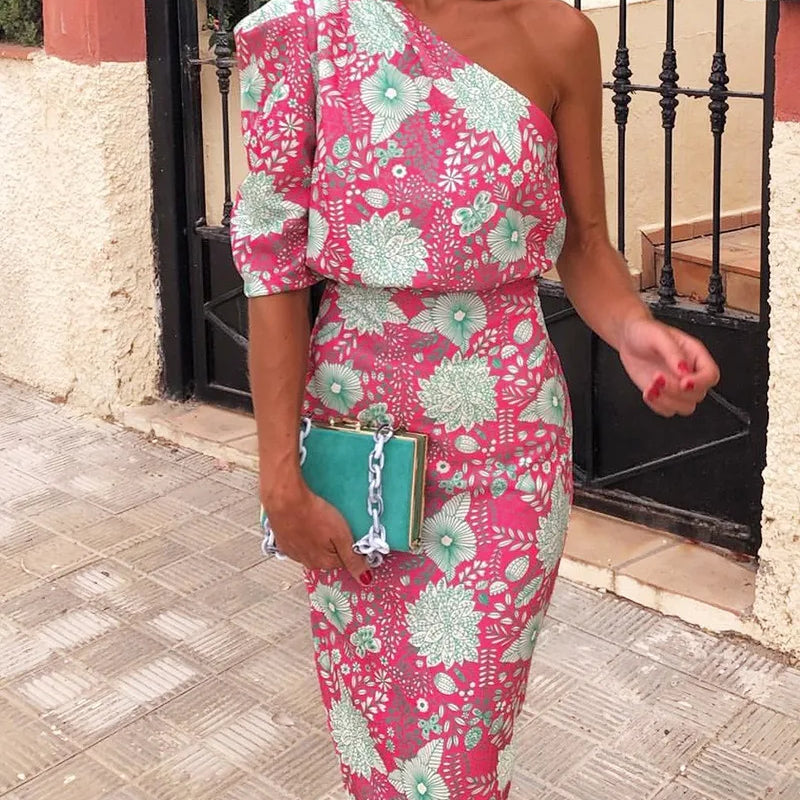 Summer Dress Women Elegant Flower Print Dress Sexy Ladies Fashion Backless Skew Neck One Shoulder Short Sleeve Dresses Rose Red