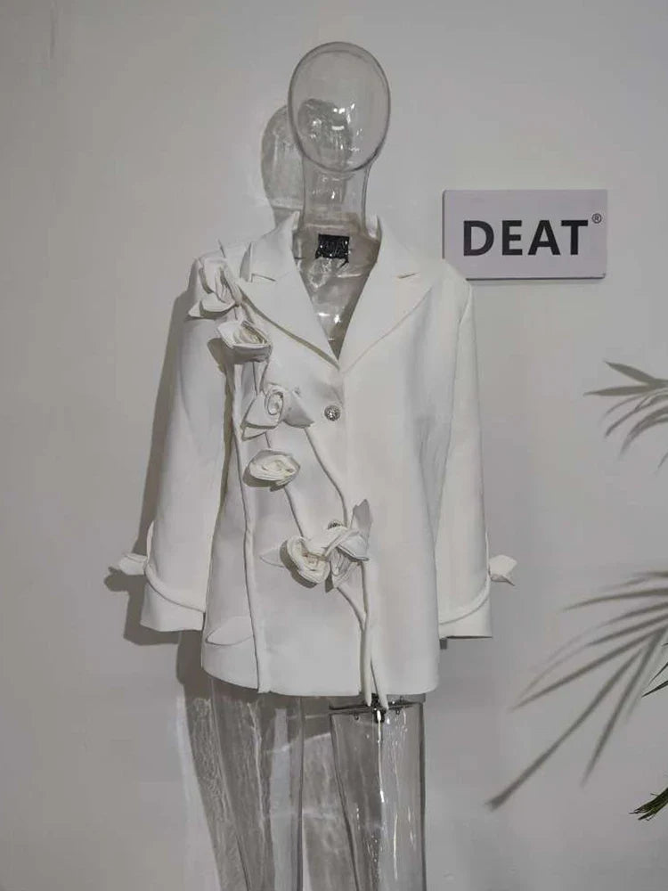 DEAT Fashion Women's Blazer Notched Collar Loose Diamonds Buttons Spliced Flower White Suit Jackets summer New 17A7225 White