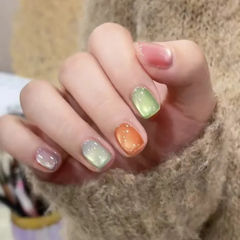 24Pcs Gradient Color Fake Nail Simple Short Ballet Wearable False Nails with Cat Eye Design Press on Nails Full Cover Nail Tips 1