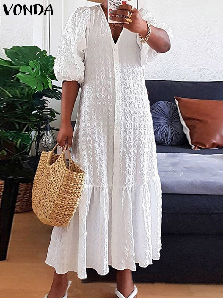 Plus Size 5XL VONDA Women Shirt Dress 2024 Summer Sexy V Neck Buttons Half Sleeve Long Maxi Vestidos Bohemian Elegant Party Robe
