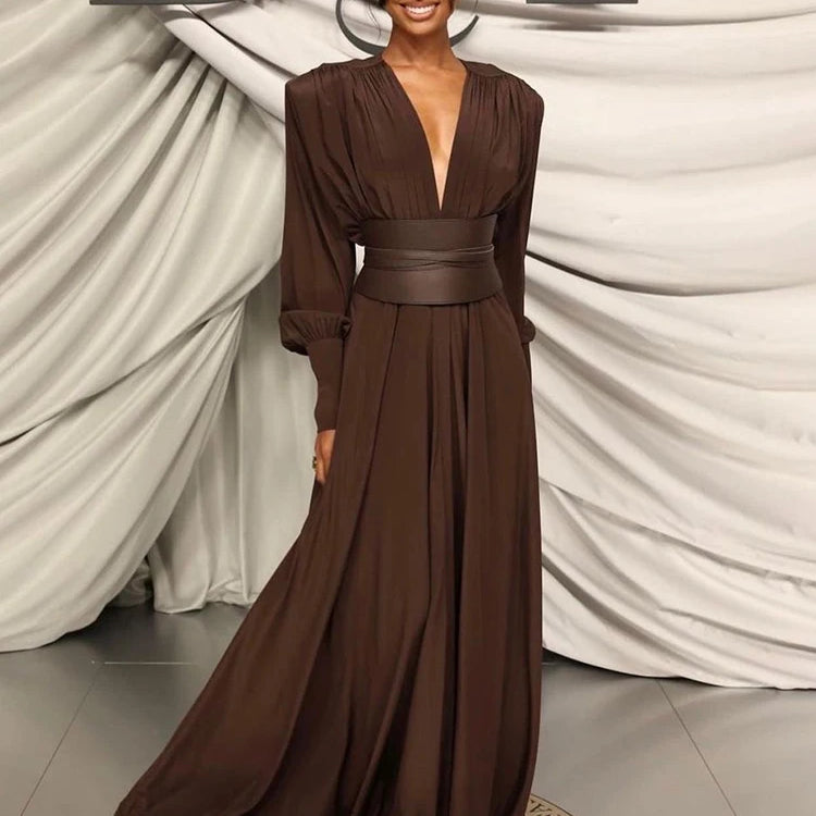 2024 Spring Fashion Dresses For Women Plunging V Neck High Waist Belt Long Sleeves Wedding Party Dress Brown Gowns